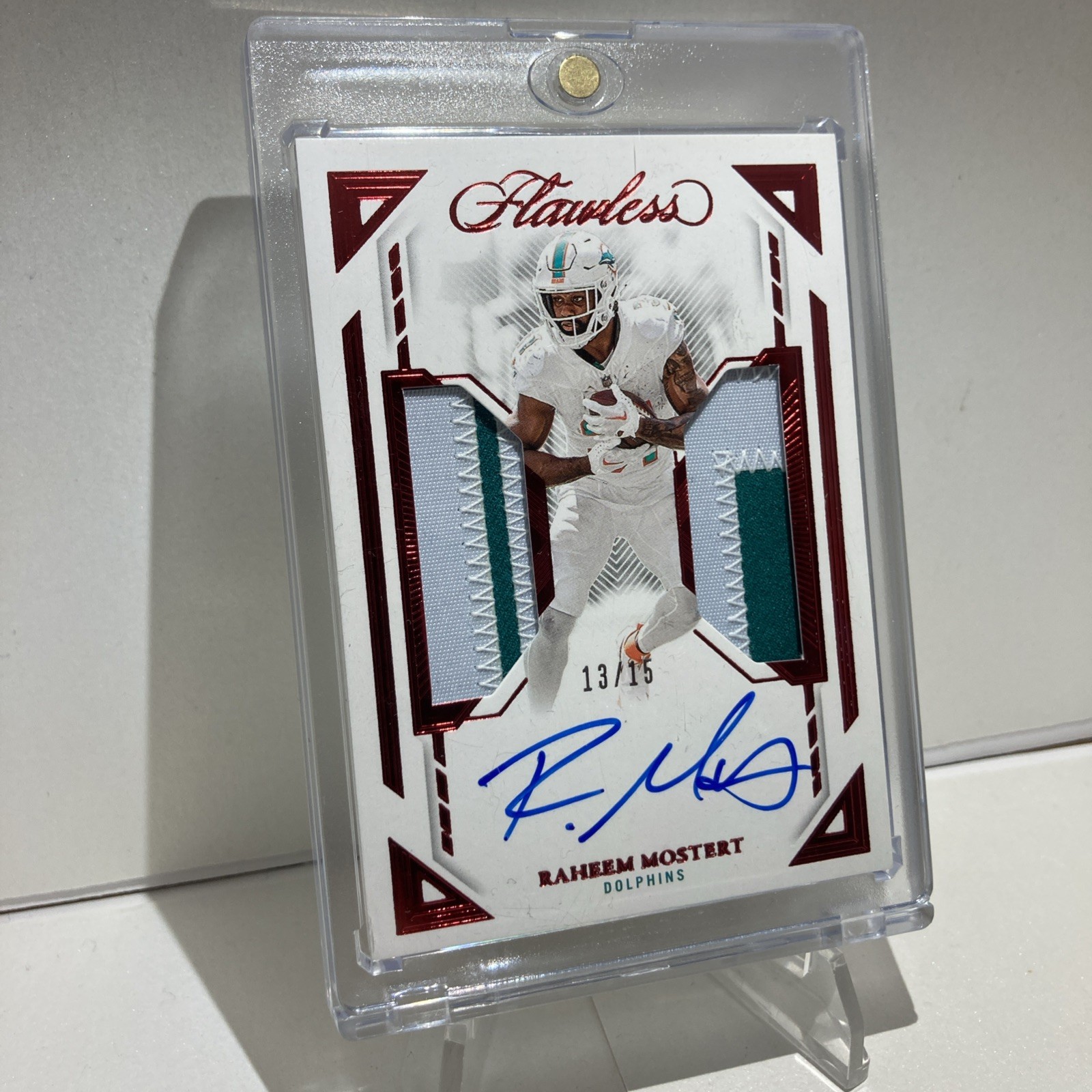 2023 Panini Flawless Raheem Mostert Auto /15 Ruby Dual Patch Autographs Miami view 3