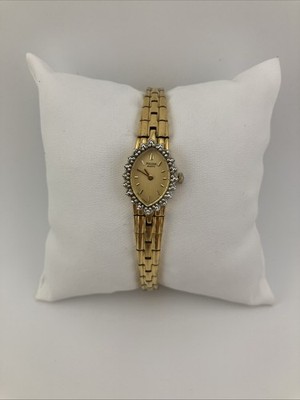 Vtg Pulsar Ladies 15mm Watch Gold Tone Gold Dial 4 Diamond Bezel 7'' V400 L- RUNS