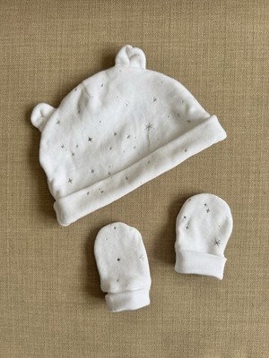 The White Company Baby Mütze & Fäustlinge Set 0-6M Bio Baumwolle Schneeflocke weiß