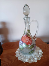 Vtg. Crackle Glass Decanter Hand Painted Fruit Romania 5th Ave Crystal LTD
