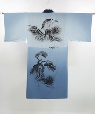 Vintage Men's Nagajuban Under-Kimono: Hawk, Pine, Waves Yuzen Dye 2604037