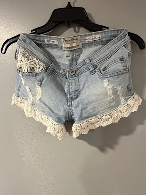 Parisian Collection Light Blue Denim Hotpant Shorts Crochet Button Distressed