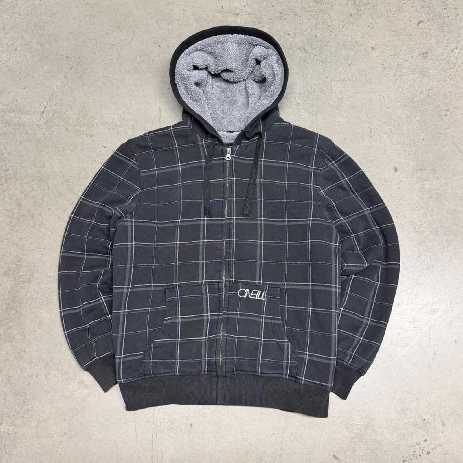 Vintage Oneill Hoodie Mens M Full Zip Black Striped Sherpa Lined Y2K Grunge Surf