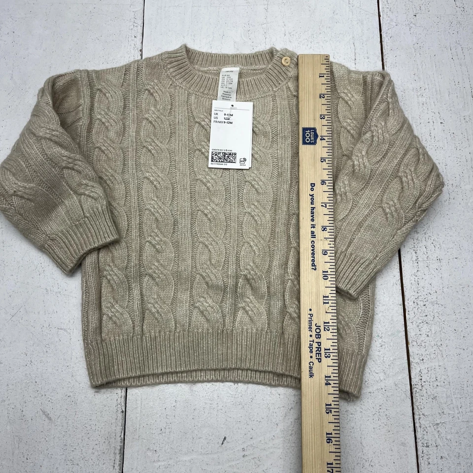 H&M свитер ребенка 12 месяцев бежевый кабель трикотажа Crewneck кнопка плеча длинным рукавом - Изображение 2 из 4