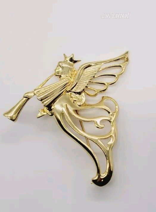 Vintage Angel Brooch Playing Horn Gold Tone Pin 3 in