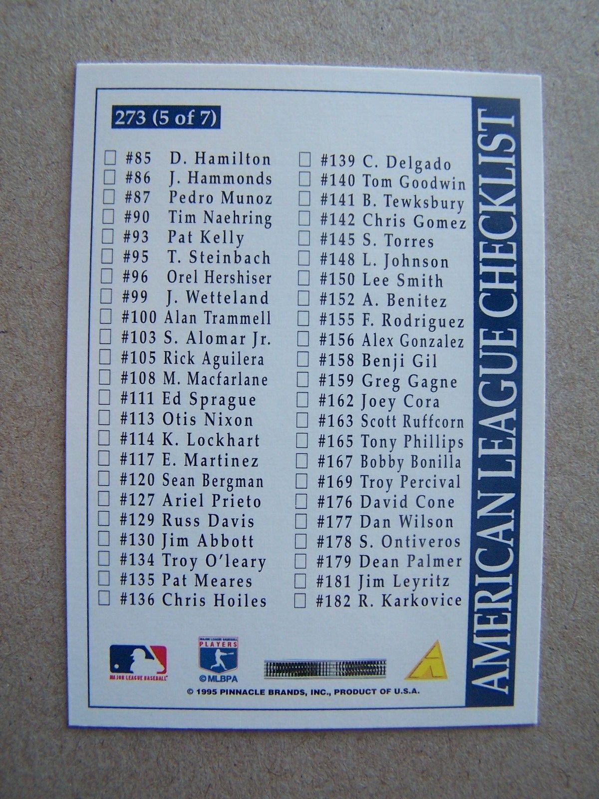 1995 PINNACLE CHECKLIST Baseball Card SEATTLE MARINERS 273 KEN GRIFFEY