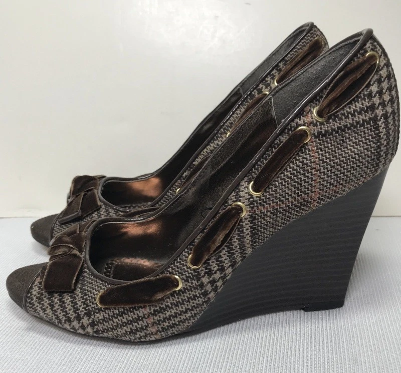 Casa de Muñecas Nawty Mujer Marrón Punta Abierta Tacones Sin Cordones Tacón de Cuña Talla 7M L612 Foto 2 de 4