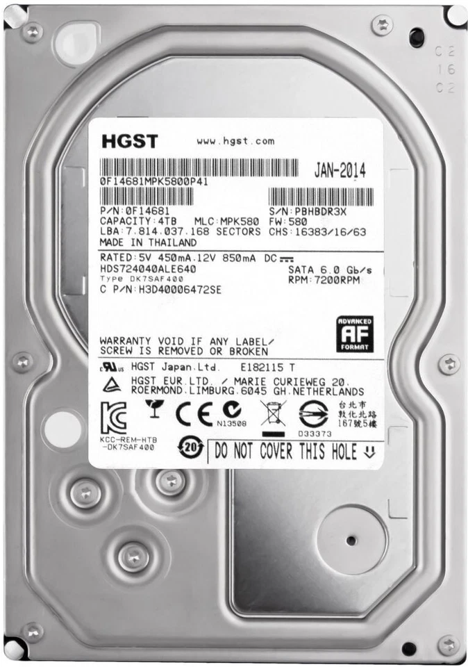 FESTPLATTE HGST DESKSTAR 7K4000 HDS724040ALE640 4TB 7200U/min 64MB SATA III 3.5"