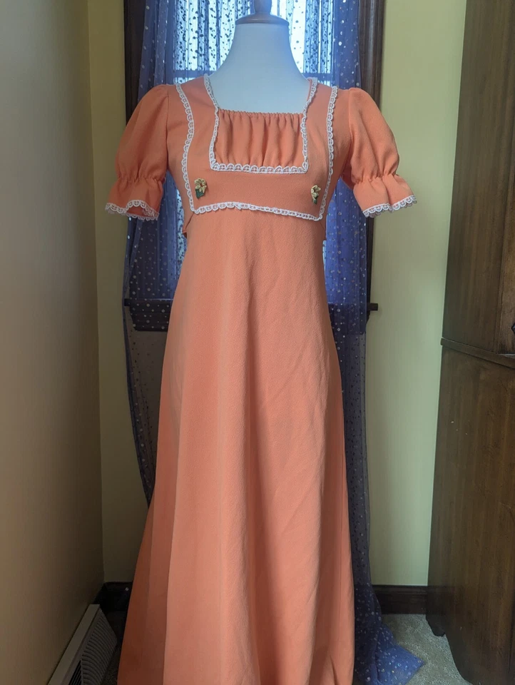 Vintage 70's Orange Polyester Puff Sleeve Lace Maxi Hippie Dress Size XS/S Small Foto 2 de 4