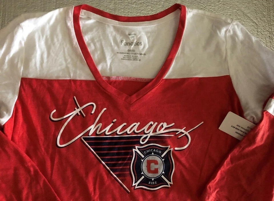 Chicago Fire Ladies Baby Doll V-neck Soccer Raglan Shirt Medium White Red MLS - Image 2 of 2