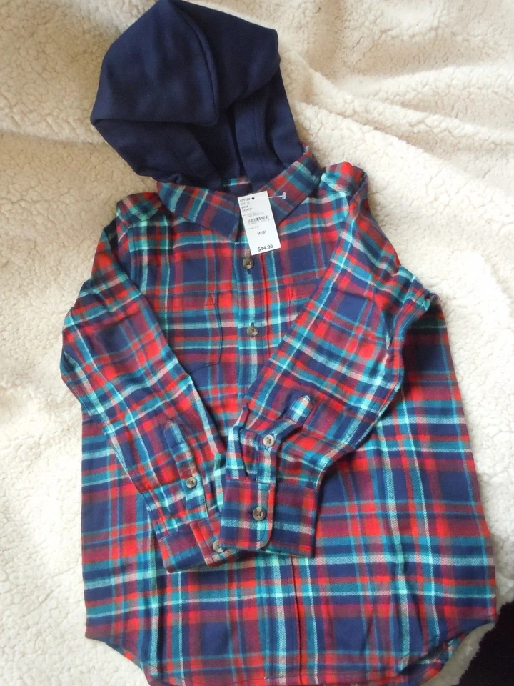 Lands end, navy multi heritage plaid flannel shirt with hood New- Choose size - Image 3 of 4