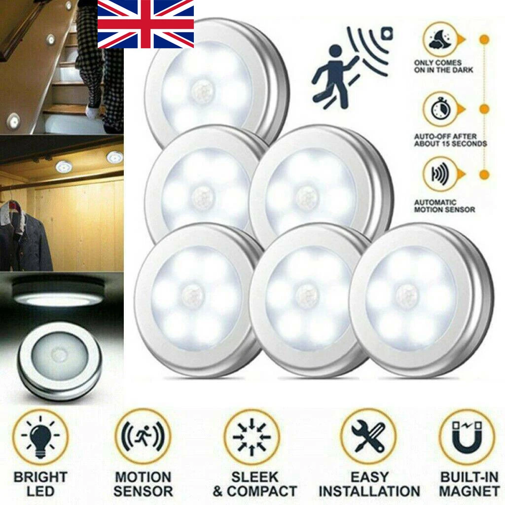 4x 6LED Motion Sensor Light Magnetic Night Light Wireless PIR Cabinet Stair Lamp