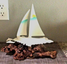 John Perry Vintage Sculpture Sailboat Dolphins Burl Wood Nautical Décor