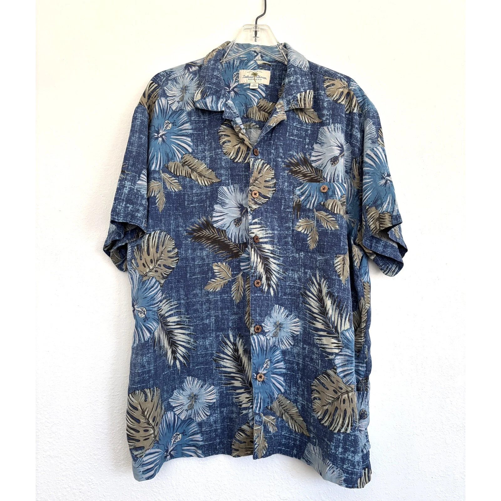 Island Shores Mens XXL Washable Silk Blue Hawaiian Button Up Camp Shirt Beach
