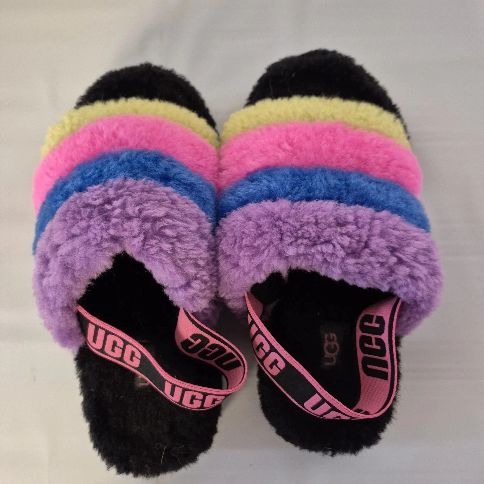 UGG Fluff Yeah Slide Stripe Pantofole Nero Arcobaleno Donna Taglia 6