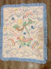 VTG Precious Moments Baby Crib Blanket Angel Baby Blue Trim 44x36  Handmade