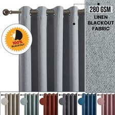 Room Darkening Linen Blackout Curtains Ready Made Eyelet Thick Curtain Panels UK