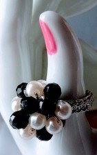 1960' s Artisan Crochet Expansion Black White Faux Cluster Pearl Ring. B