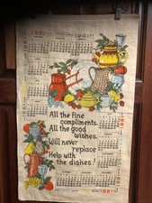 Vintage 1981 Linen Tea Towel Calendar with vintage dishes and a verse EUC