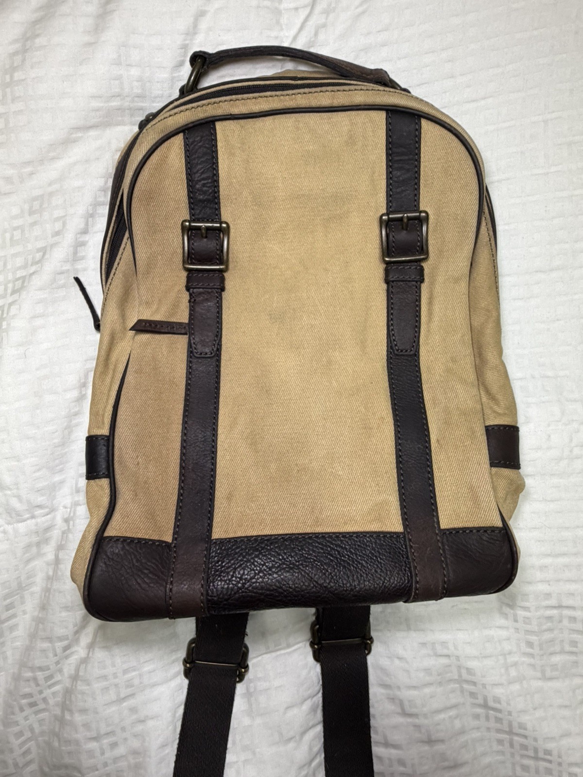 FOSSIL Estate Backpack Rugged Canvas Brown Leather Trim Padded Zip