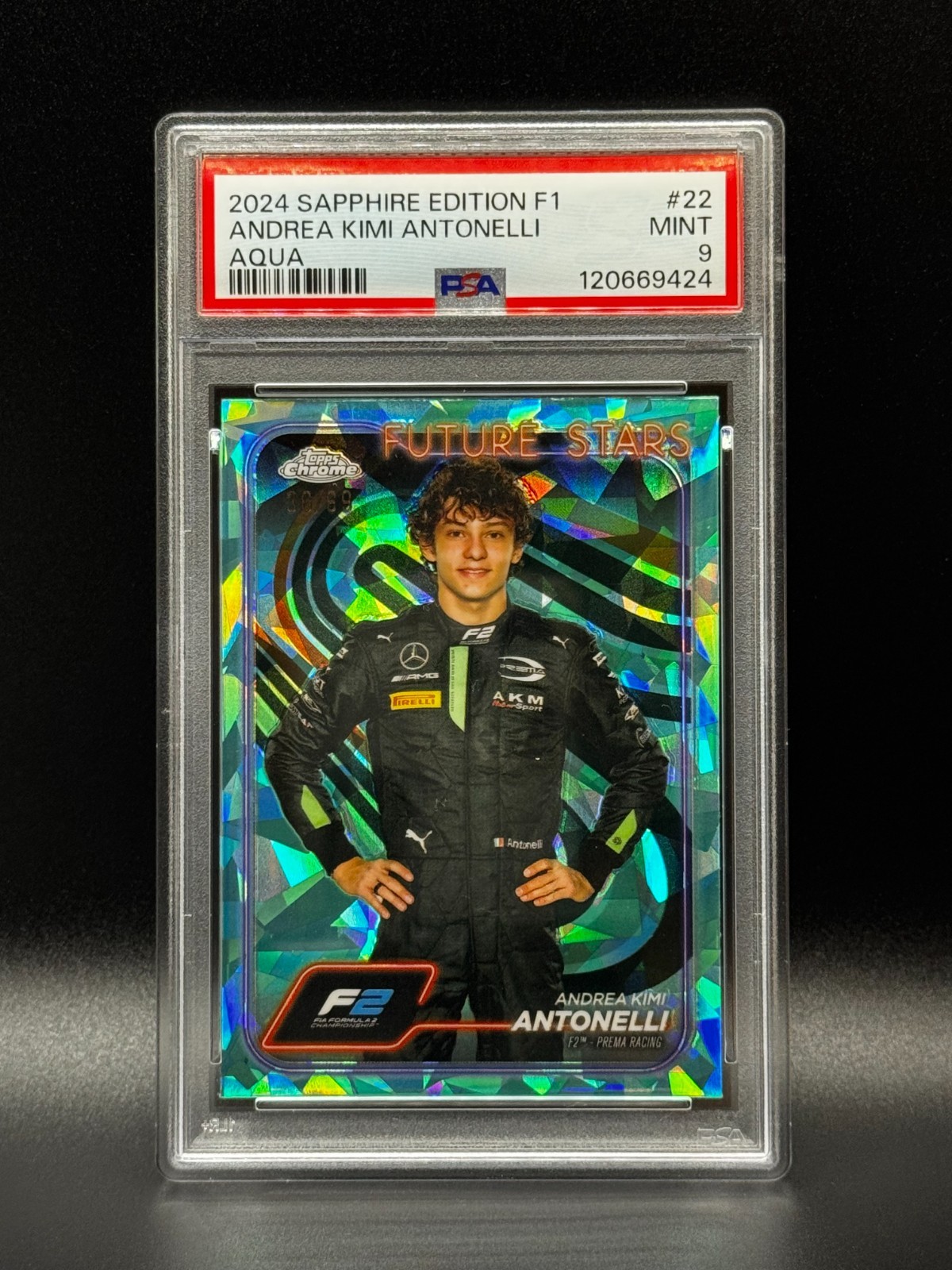 ANDREA KIMI ANTONELLI 2024 Topps Chrome F1 Sapphire #22 AQUA 36/99 PSA 9