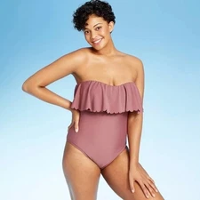 Kona Sol Ruffle One Piece Swimsuit Strapless Mauve Swimwear L