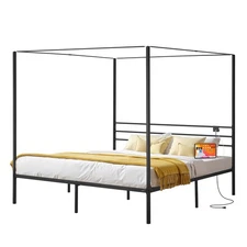 Uimoso King Size Metal Canopy Bed Frame with Charging Station and Four Posters