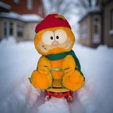 Vintage 1981 Dakin Garfield Takes the Mountain Plush Stuffed Animal on Sled