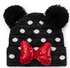 2025 Disney Minnie Mouse Knit Black Beanie Hat Pom-Pom Ears Red Sequin Bow NWT