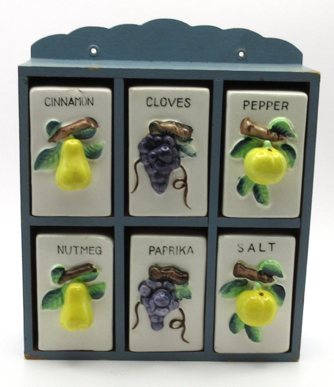 Vintage Ceramic Spice Jar Set With Wooden Rack Fruit Motif 6 Containers