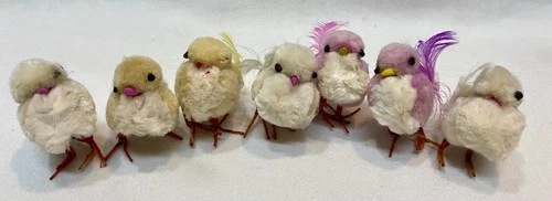 Vintage 7 Yellow pink white Easter Decoration Pom Pom Chenille Chicks