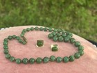14k Gold Earrings W/Chunky Green Jadeite  Bead Strand Necklace Set Vintage — photo 3