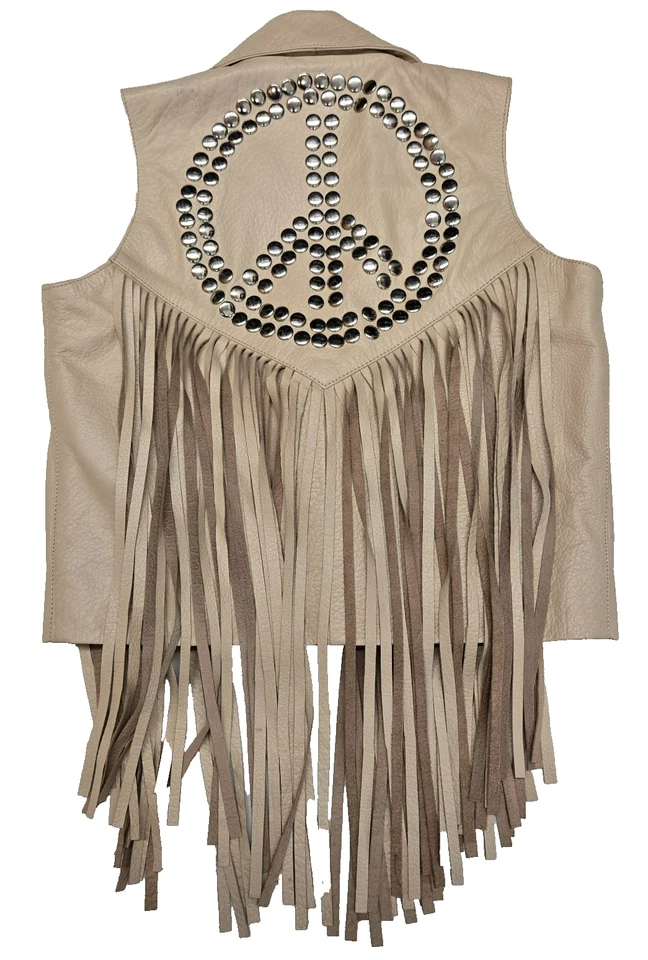 Chaleco para mujer Understated Born in Austin Tx cuero tostado cremallera signo de paz Foto 2 de 4