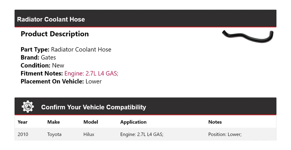 For 2010 Toyota Hilux 2.7L L4 GAS Radiator Coolant Hose Lower Gates - Image 2 of 4