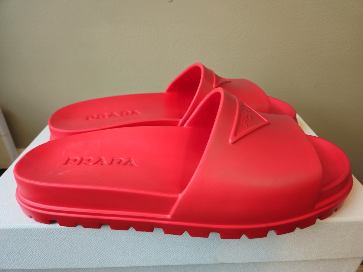 Prada Men's Triangle Logo Red Rubber Slides Sandals Size 46