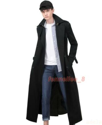Mens Extra Long Trench Coat Lapel Double Breasted Overcoat Winter