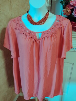 Eyelash Couture Orange Sheer Floral Lace Neckline  Women Blouse Size 3X   W066