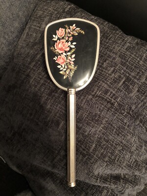 Vintage Art Deco Vanity Dressing Table Brush ￼black Silver Pink Floral Detail