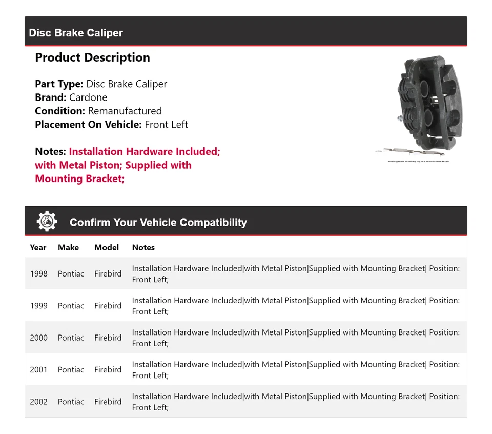 Pinza de freno de disco delantera izquierda cardone 1999 2000 para Pontiac Firebird 1998-2002 Foto 2 de 4