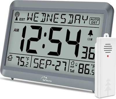 WallarGe Atomic Clock with Indoor Outdoor Temperature, Self-Setting Gray 