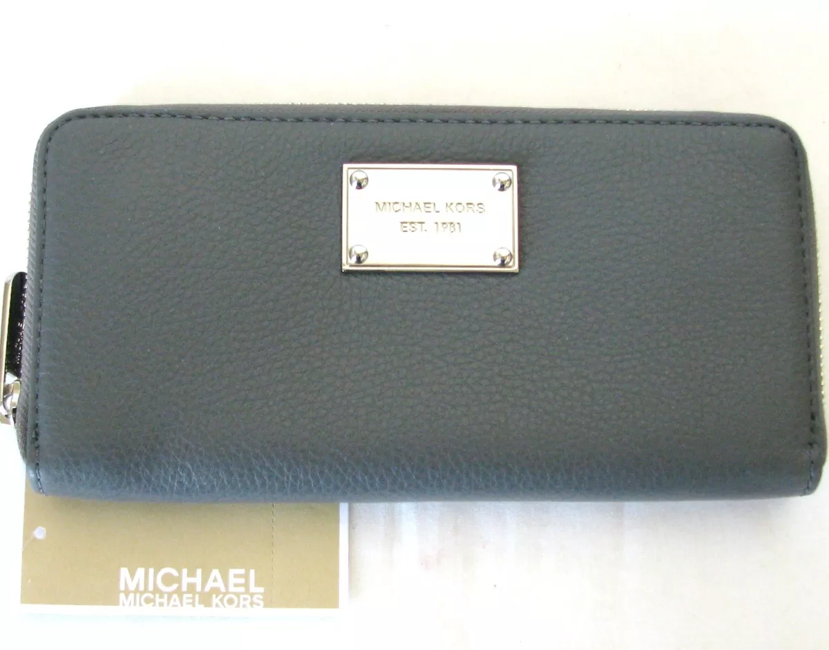 NEW MICHAEL KORS ITEM DARK SLATE GREY GRAY LEATHER ZIP CONTINENTAL