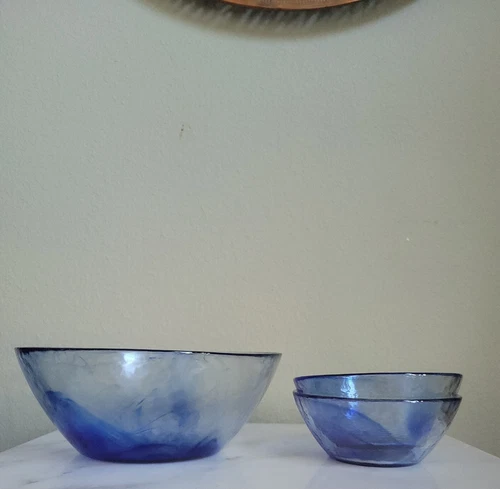 VTG BORMIOLI ROCCO MURANO GLASS COBALT SWIRL SERVING BOWL  2 CEREAL FRUIT BOWLS