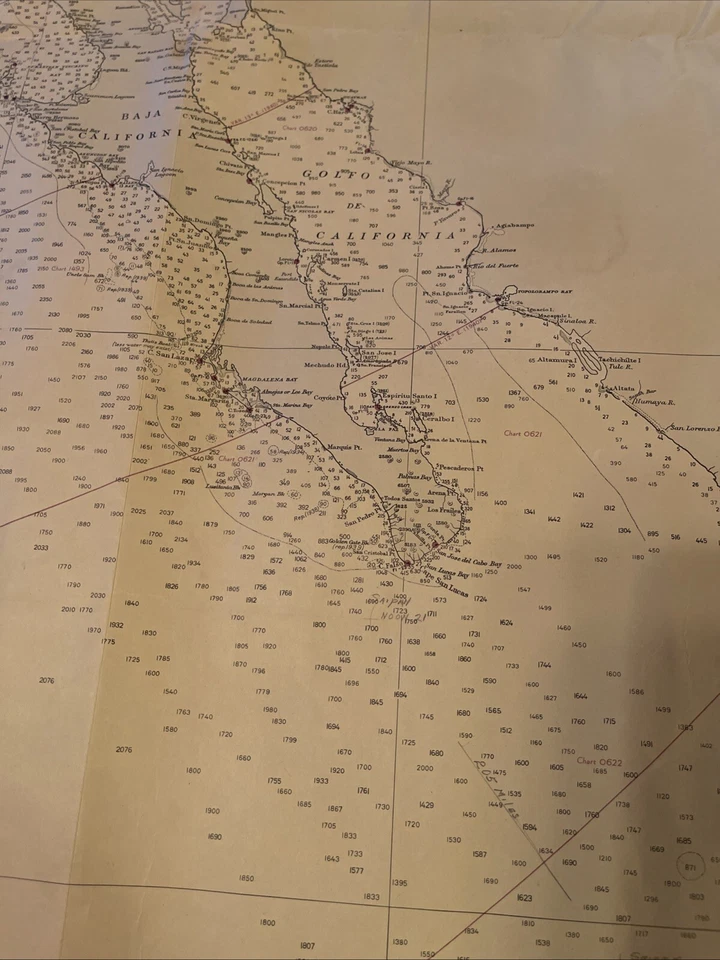Cool Antique Nautical Chart – Pacific Coast USA & Baja Mexico Made In USA 1945!￼ - Image 4 of 4