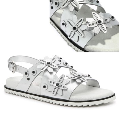 TOD'S SHOES SILVER LEATHER GOMMA FLAT SANDALS FLOWERS $595 sz 38 / 8 US