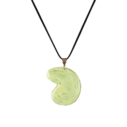Handmade rolled bean-shaped paper pendant with bronze findings and leather cord - Picture 3 of 6