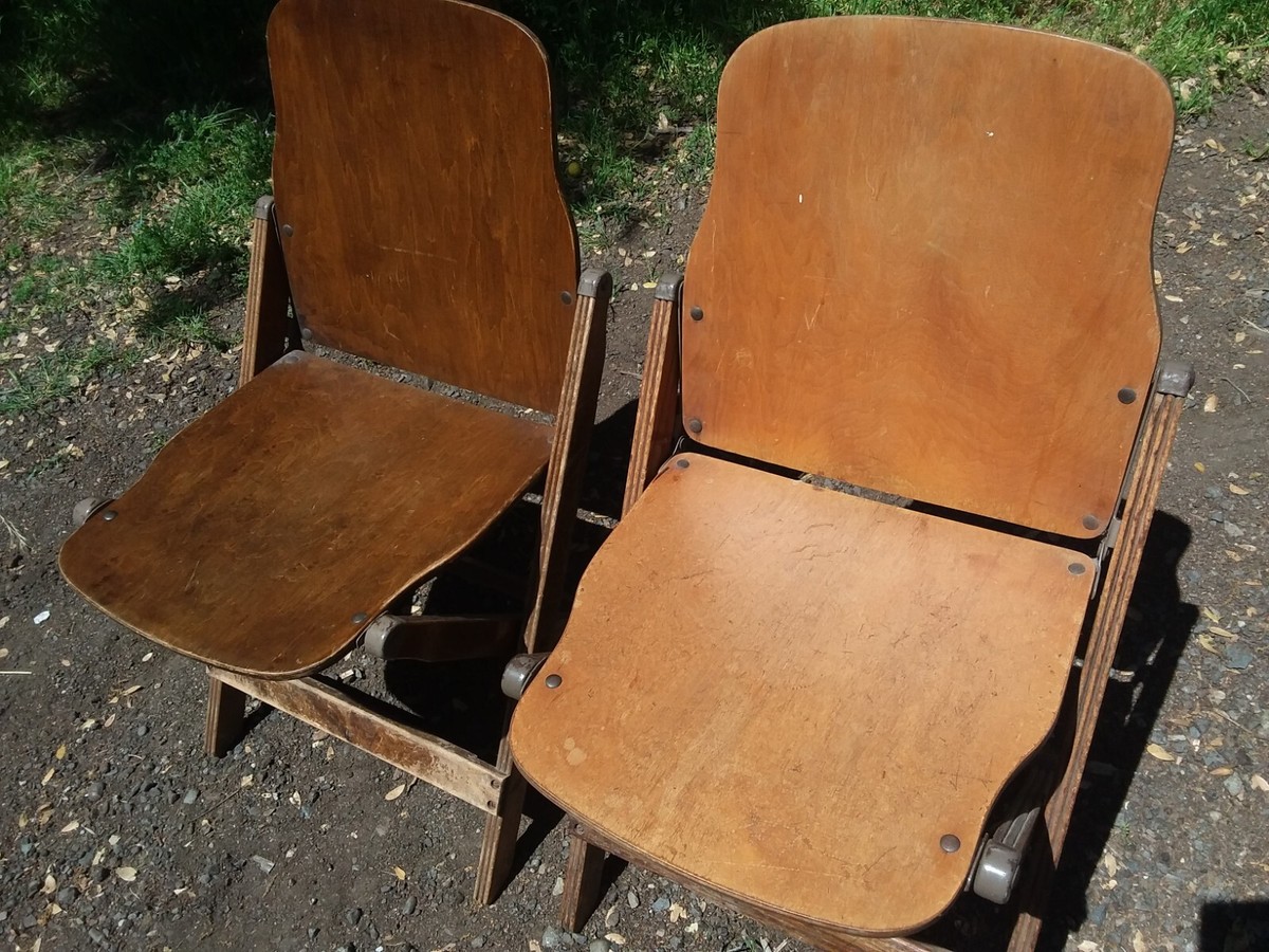 2 VINTG WWII 1940s Folding Wood Chairs American Seating Air Force