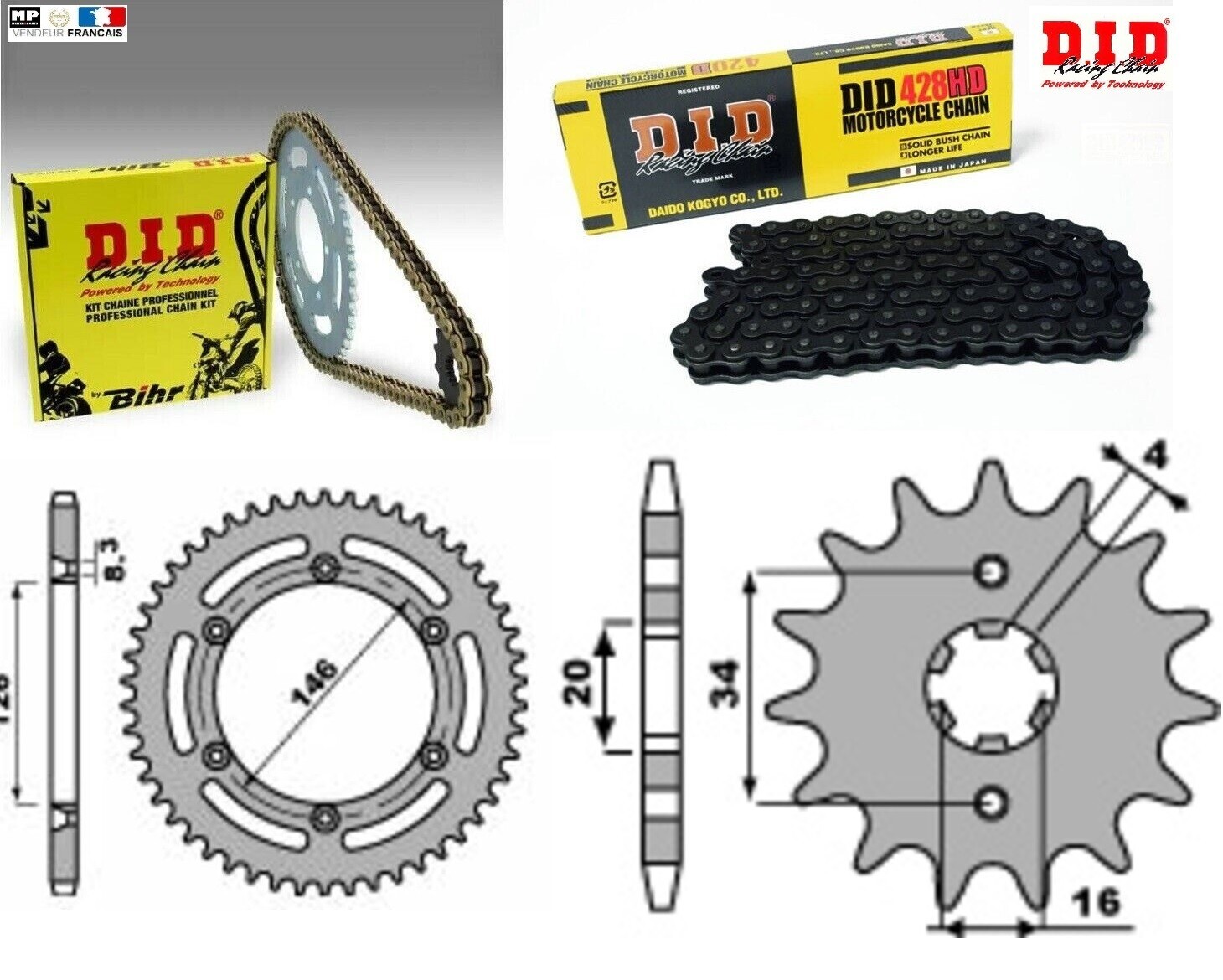Kit de Transmission DID 428 HD Expert pour Suzuki DR 125 SM finition haute résistance