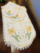 Antique Hand Embroidered Linen Table Runner  Doilies Crocheted Lace Border