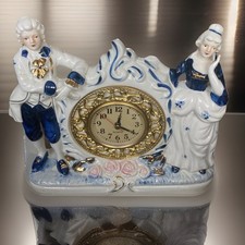 VTG -Victorian Colonial Style Glazed Porcelain China -Quartz Clock White & Blue