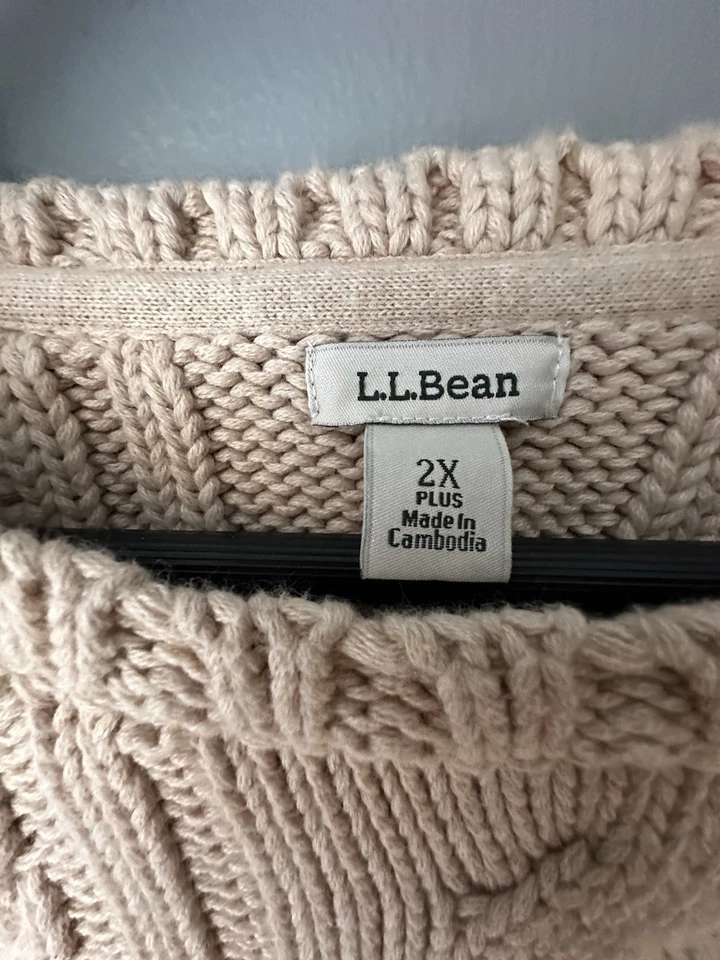 LL Bean Mujer’s Suéter Pescador 100% Algodón Grueso Cable Tejido Crema Talla 2X Foto 2 de 4